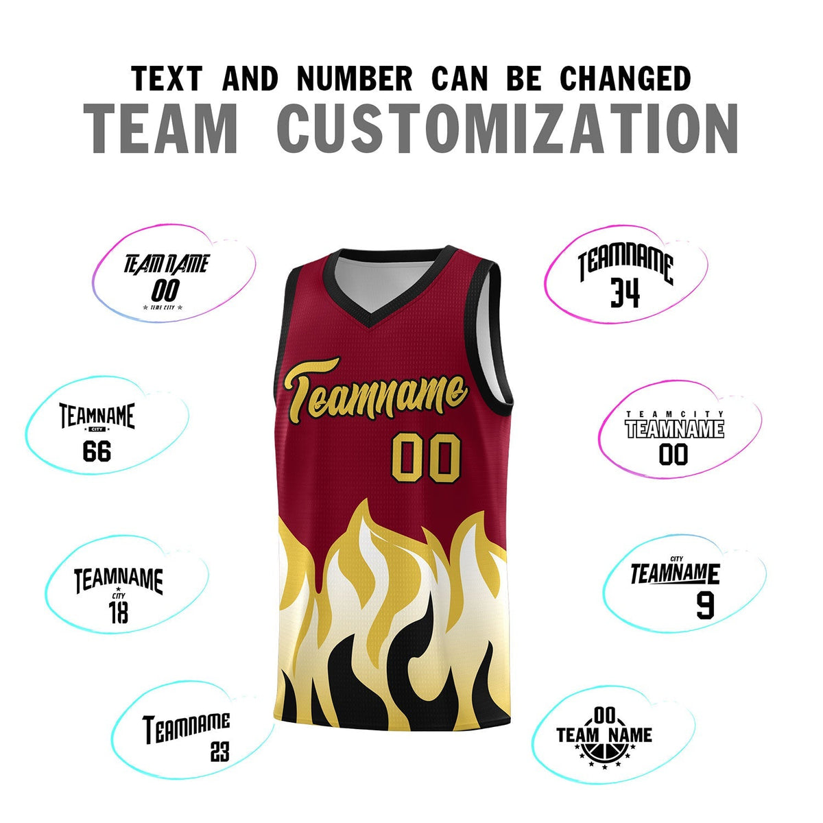 Custom Crimson Old Gold Hem Flame Pattern Fashion Sports Uniform Basketball Kits