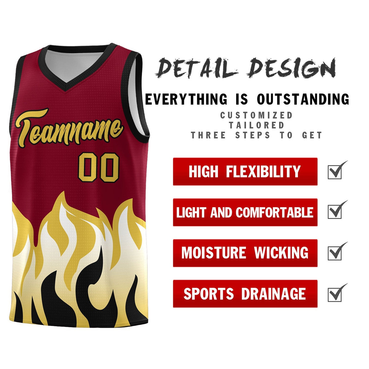 Custom Crimson Old Gold Hem Flame Pattern Fashion Sports Uniform Basketball Kits