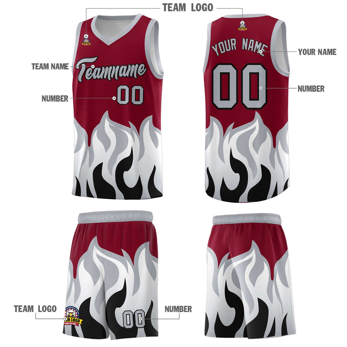 Custom Crimson Gray Hem Flame Pattern Fashion Sports Uniform Basketball Kits