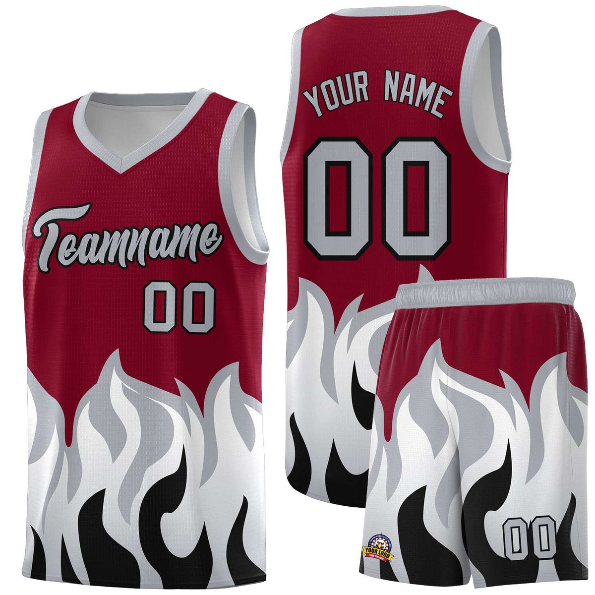 Custom Crimson Gray Hem Flame Pattern Fashion Sports Uniform Basketball Kits