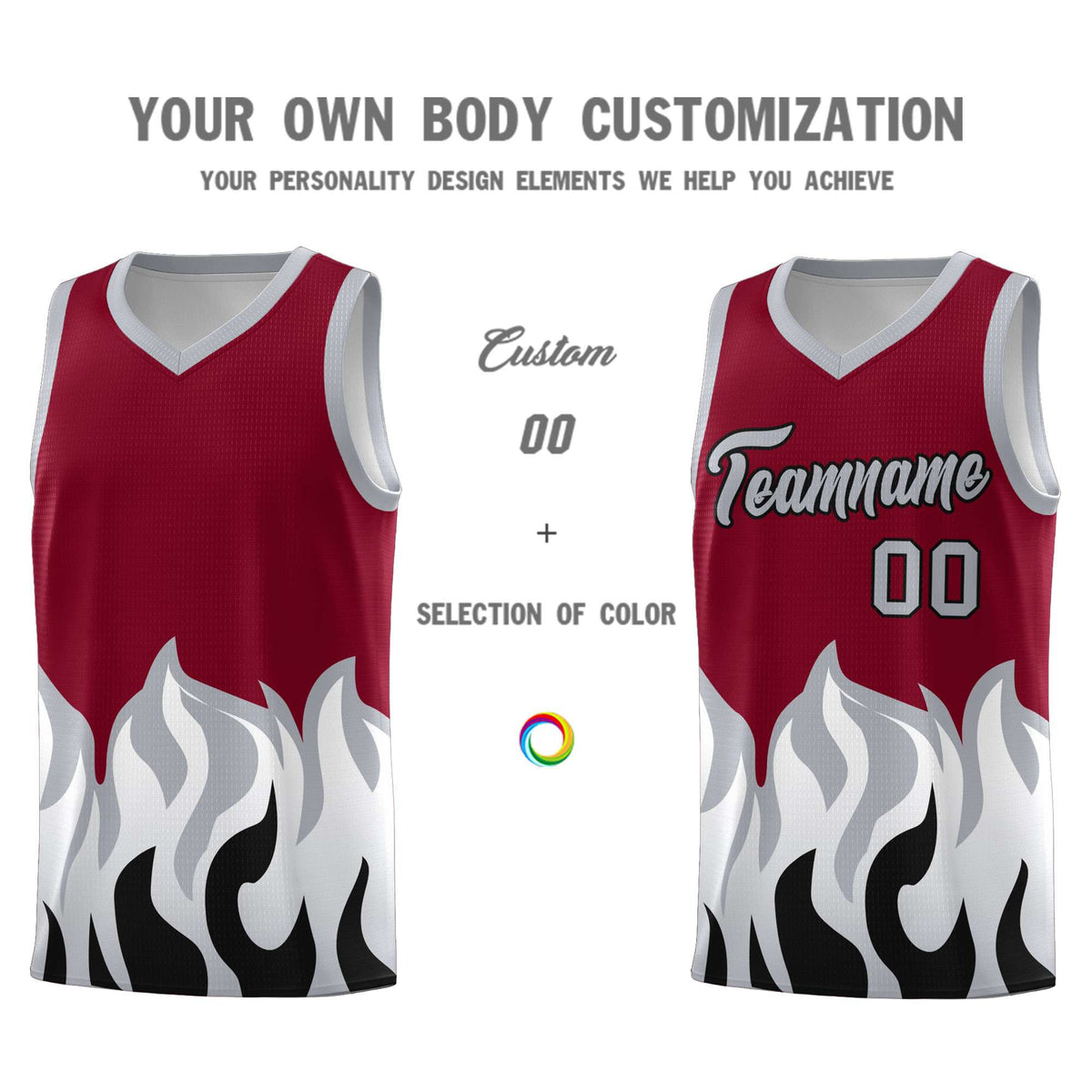 Custom Crimson Gray Hem Flame Pattern Fashion Sports Uniform Basketball Kits