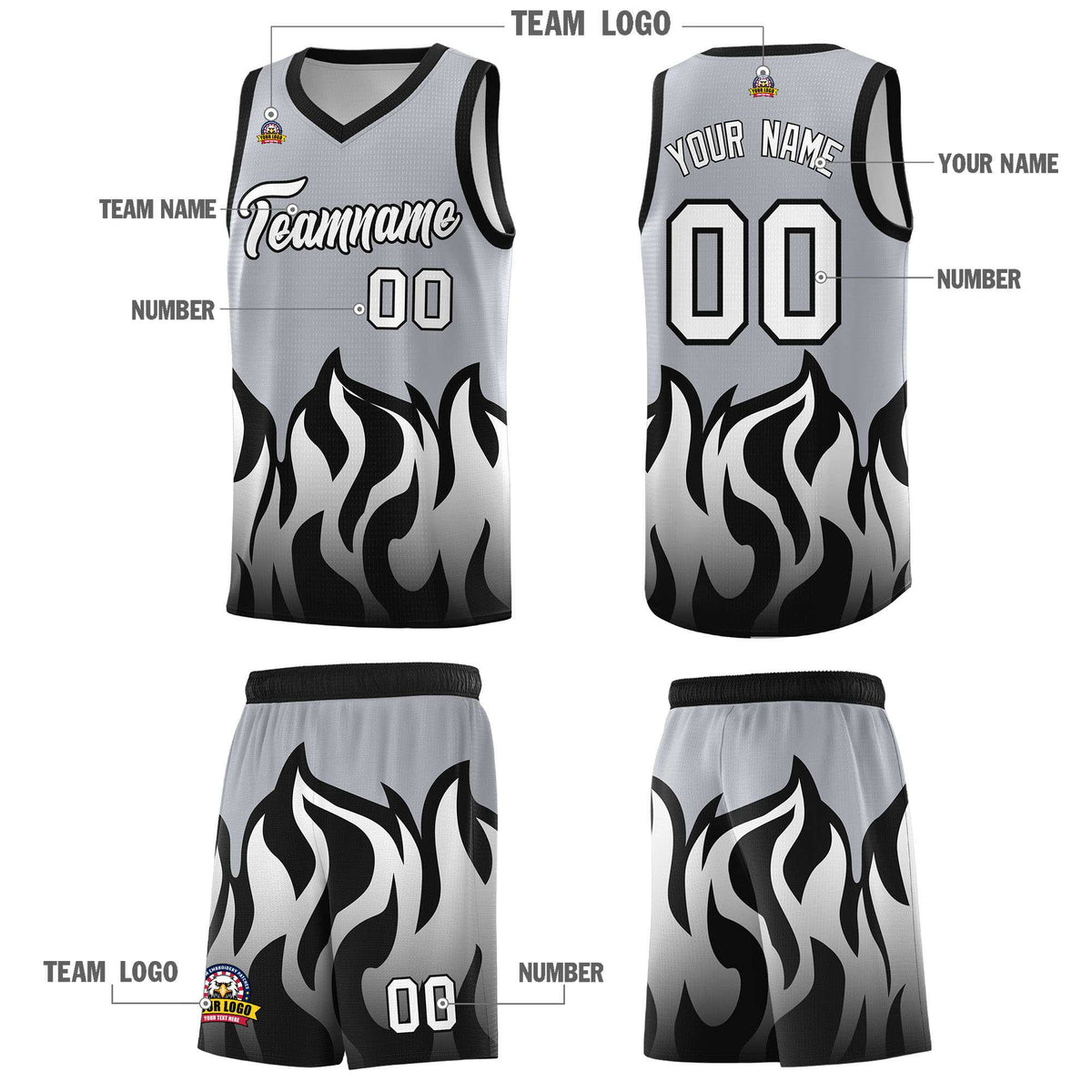 Custom Gray Black Hem Flame Pattern Fashion Sports Uniform Basketball Kits
