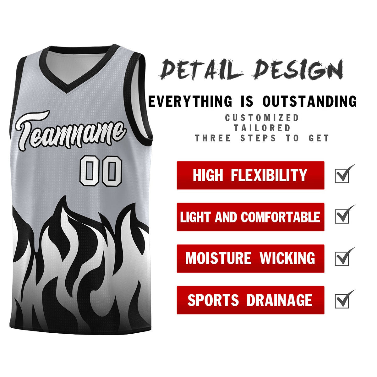 Custom Gray Black Hem Flame Pattern Fashion Sports Uniform Basketball Kits
