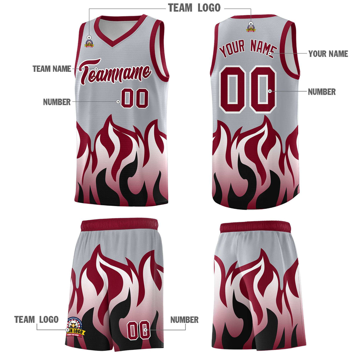 Custom Gray Crimson Hem Flame Pattern Fashion Sports Uniform Basketball Kits