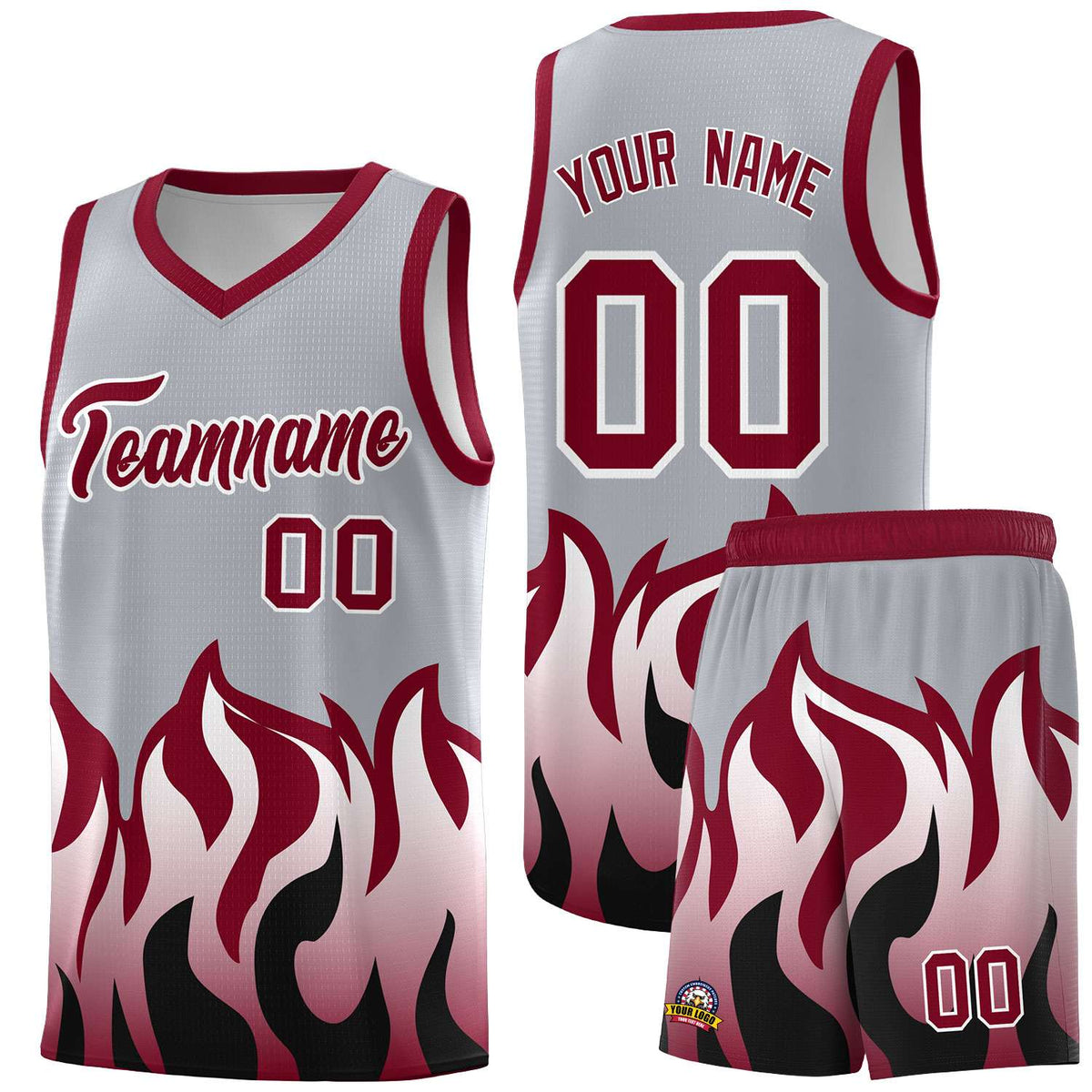 Custom Gray Crimson Hem Flame Pattern Fashion Sports Uniform Basketball Kits