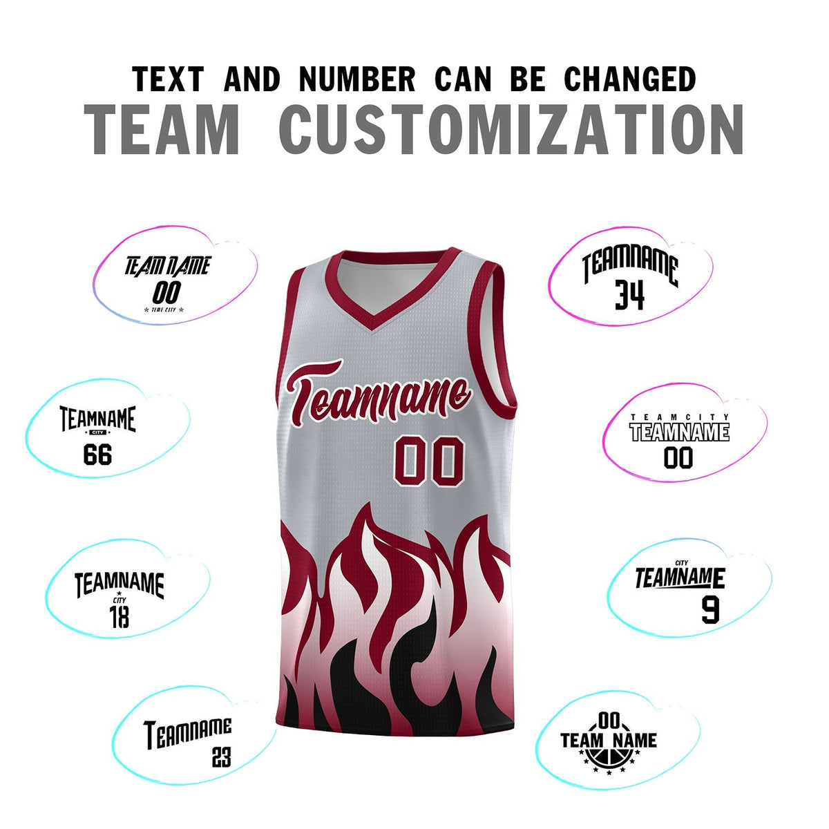 Custom Gray Crimson Hem Flame Pattern Fashion Sports Uniform Basketball Kits