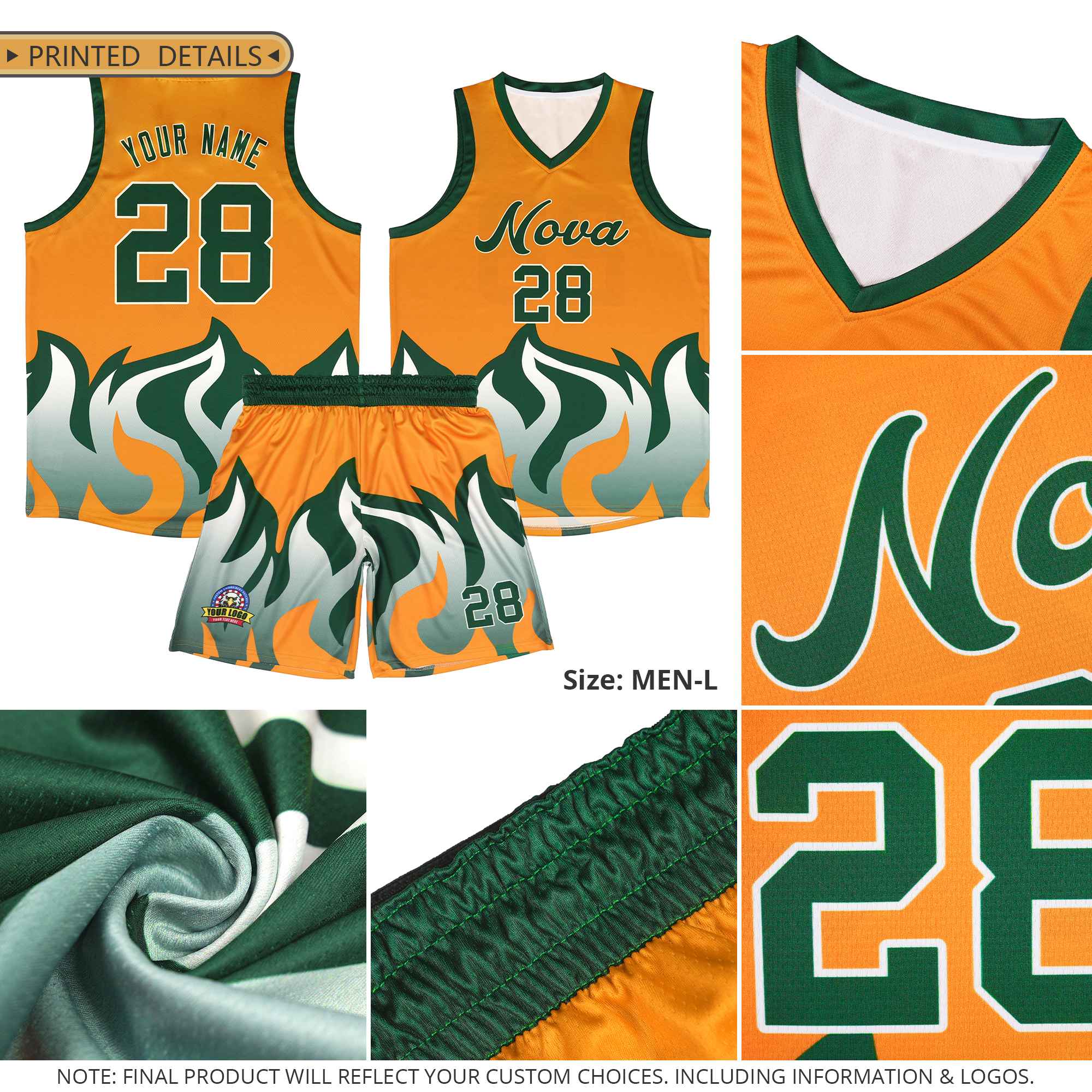 Custom Neon Green Black Hem Flame Pattern Fashion Sports Uniform Basketball Kits