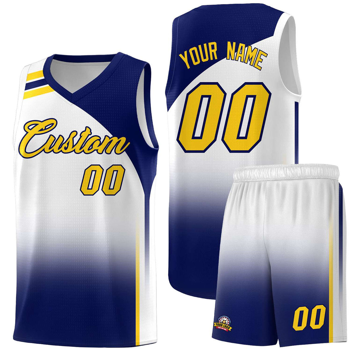 Custom White and Navy Gradient Fashion Sets Sports Uniform Basketball Jersey