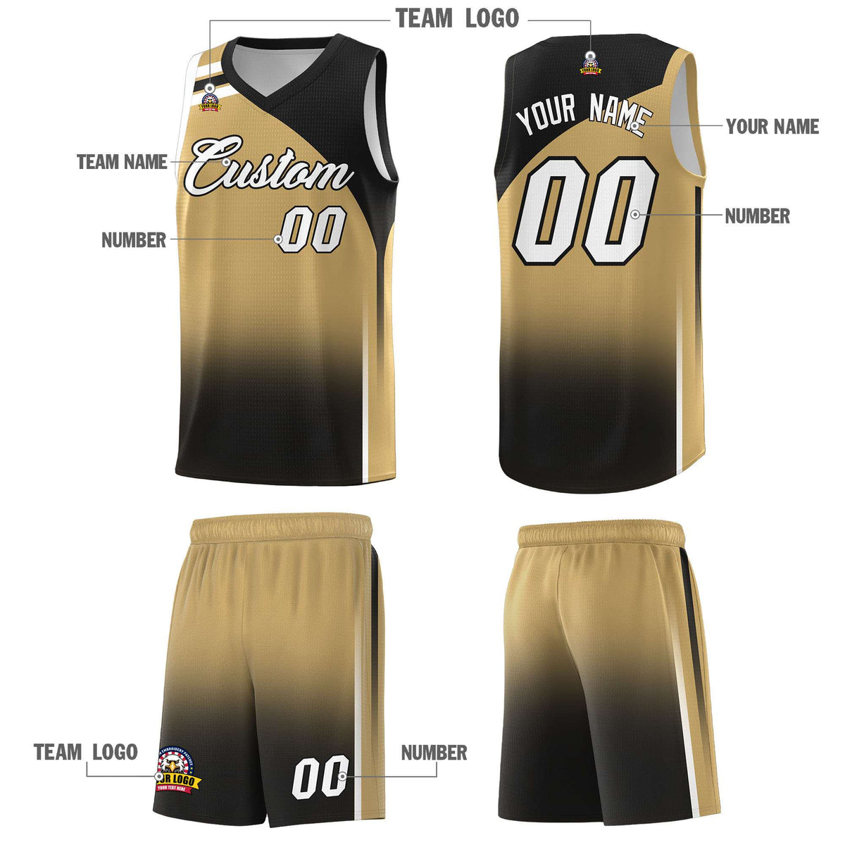 Custom Old Gold Black Gradient Fashion Sets Sports Uniform Basketball Jersey