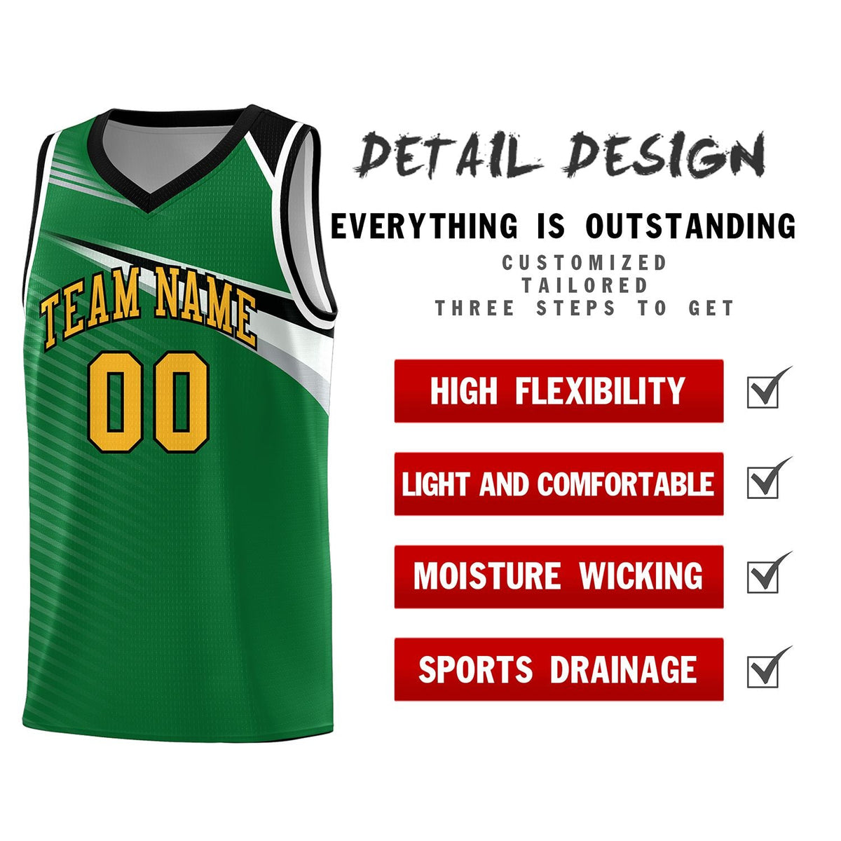 Custom Kelly Green Gold-Black Chest Color Block Sports Uniform Basketball Jersey