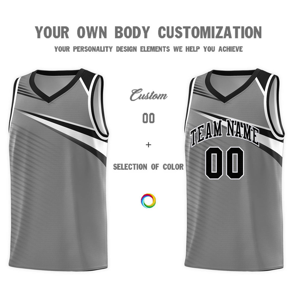 Custom Dark Gray Black-White Chest Color Block Sports Uniform Basketball Jersey