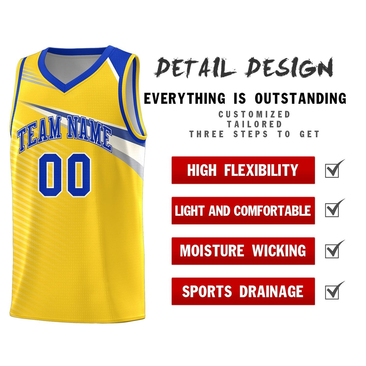 Custom Gold Royal-White Chest Color Block Sports Uniform Basketball Jersey