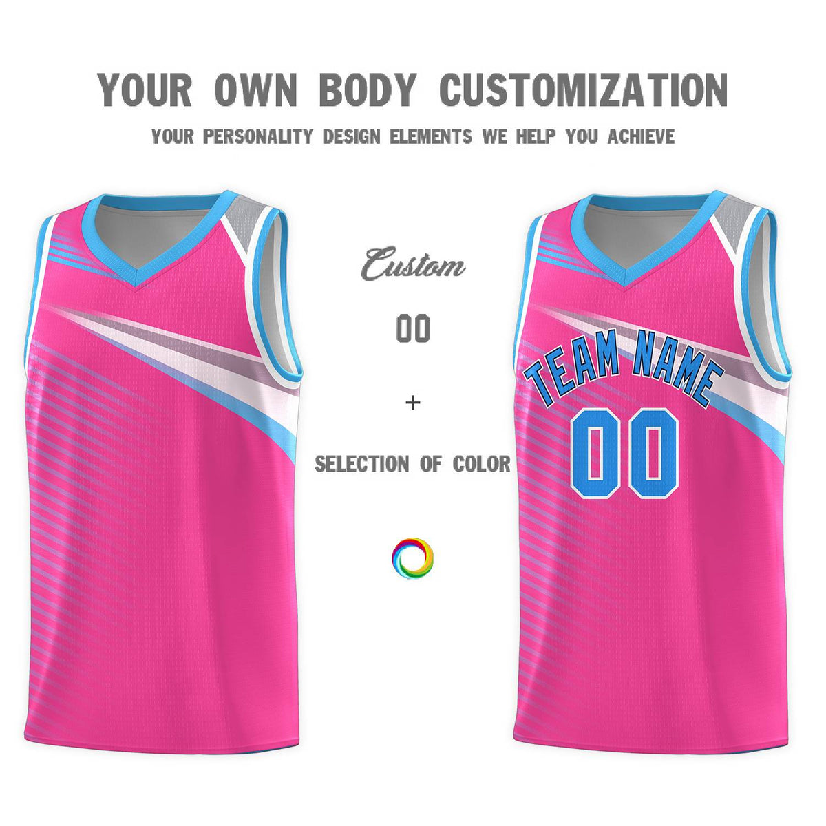 Custom Pink Powder Blue-Navy Chest Color Block Sports Uniform Basketball Jersey