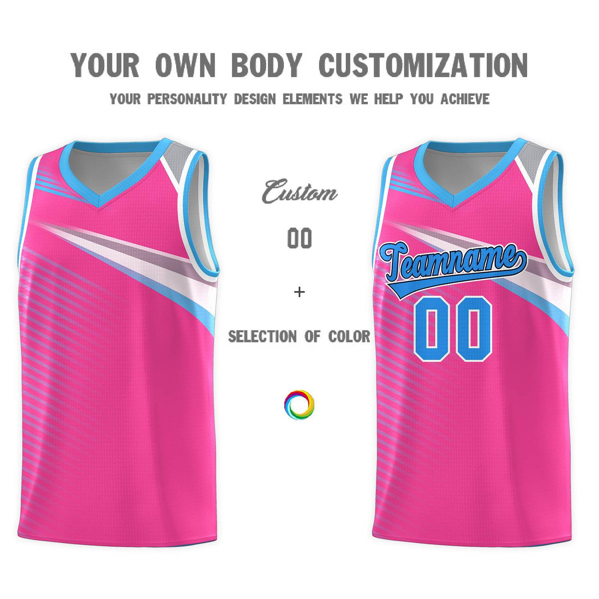 Custom Pink Powder Blue-Navy Chest Color Block Sports Uniform Basketball Jersey