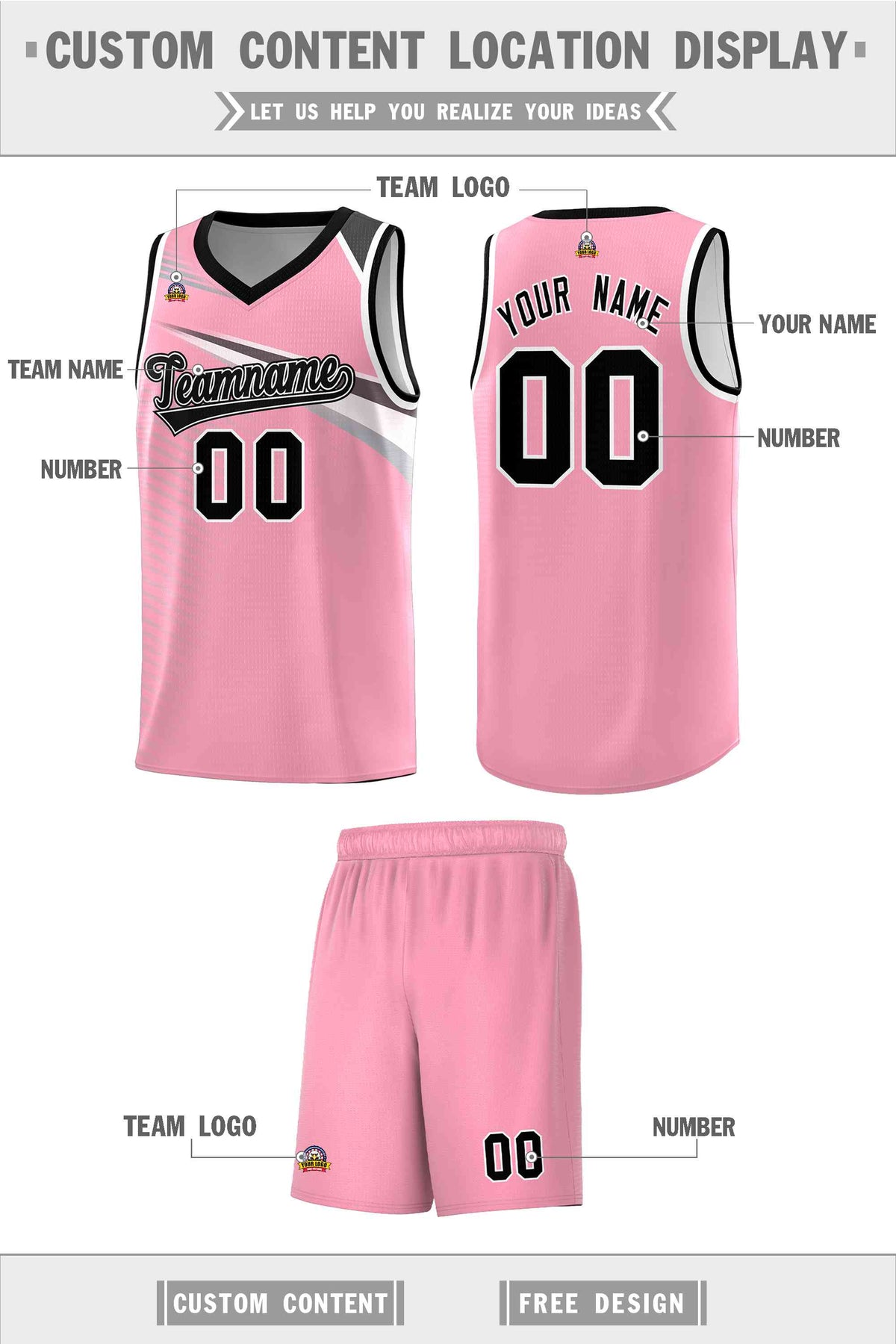 Custom Pink Black-White Chest Color Block Sports Uniform Basketball Jersey