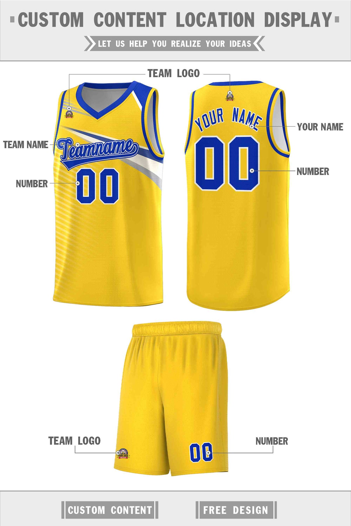 Custom Gold Royal-White Chest Color Block Sports Uniform Basketball Jersey