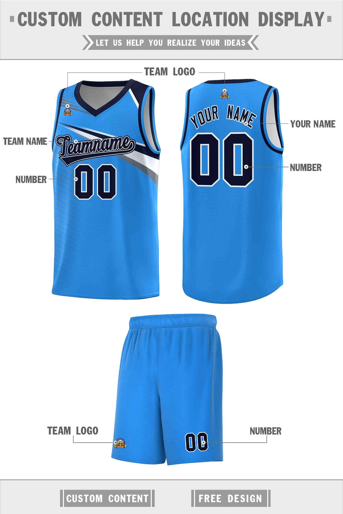 Custom Powder Blue Navy-White Chest Color Block Sports Uniform Basketball Jersey