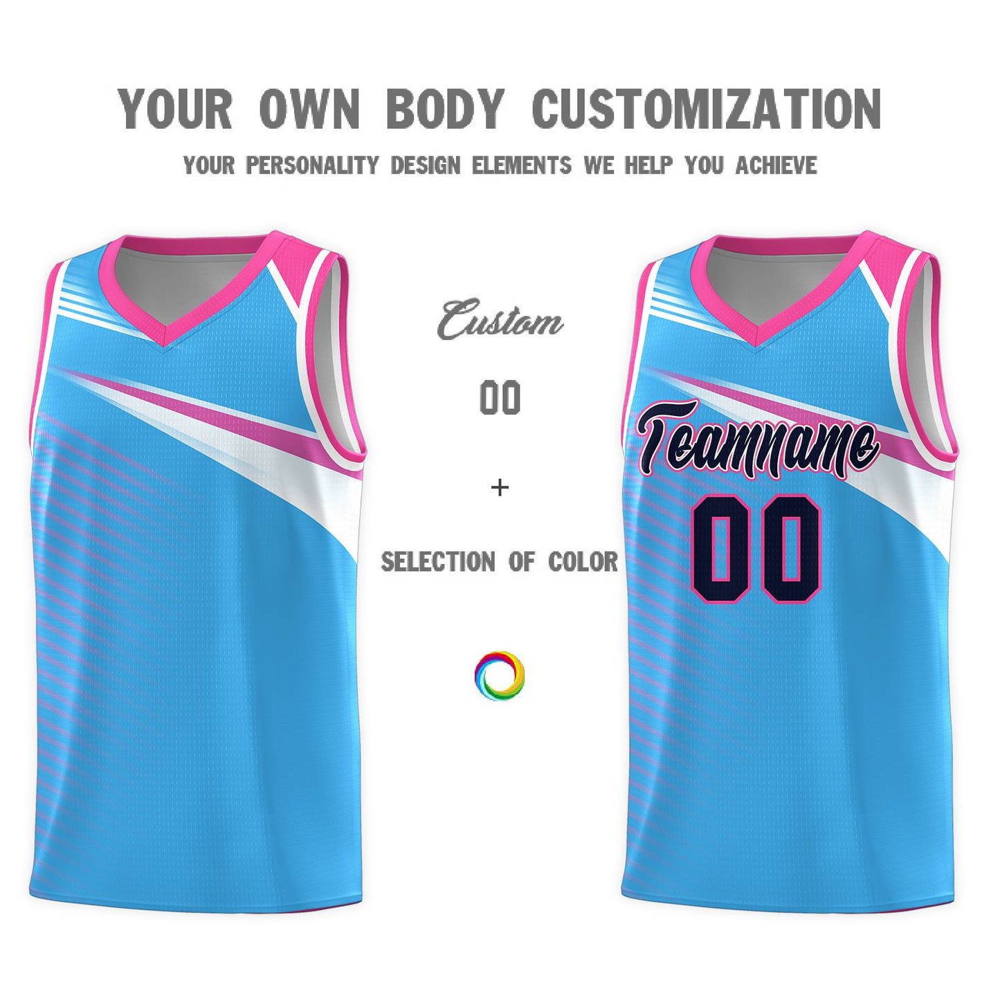 Custom Powder Blue Navy-White Chest Color Block Sports Uniform Basketball Jersey