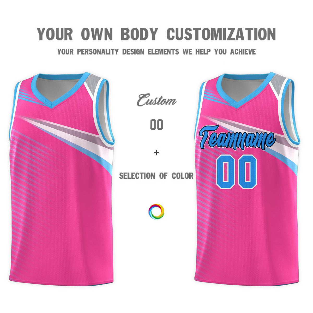 Custom Pink Powder Blue-Navy Chest Color Block Sports Uniform Basketball Jersey