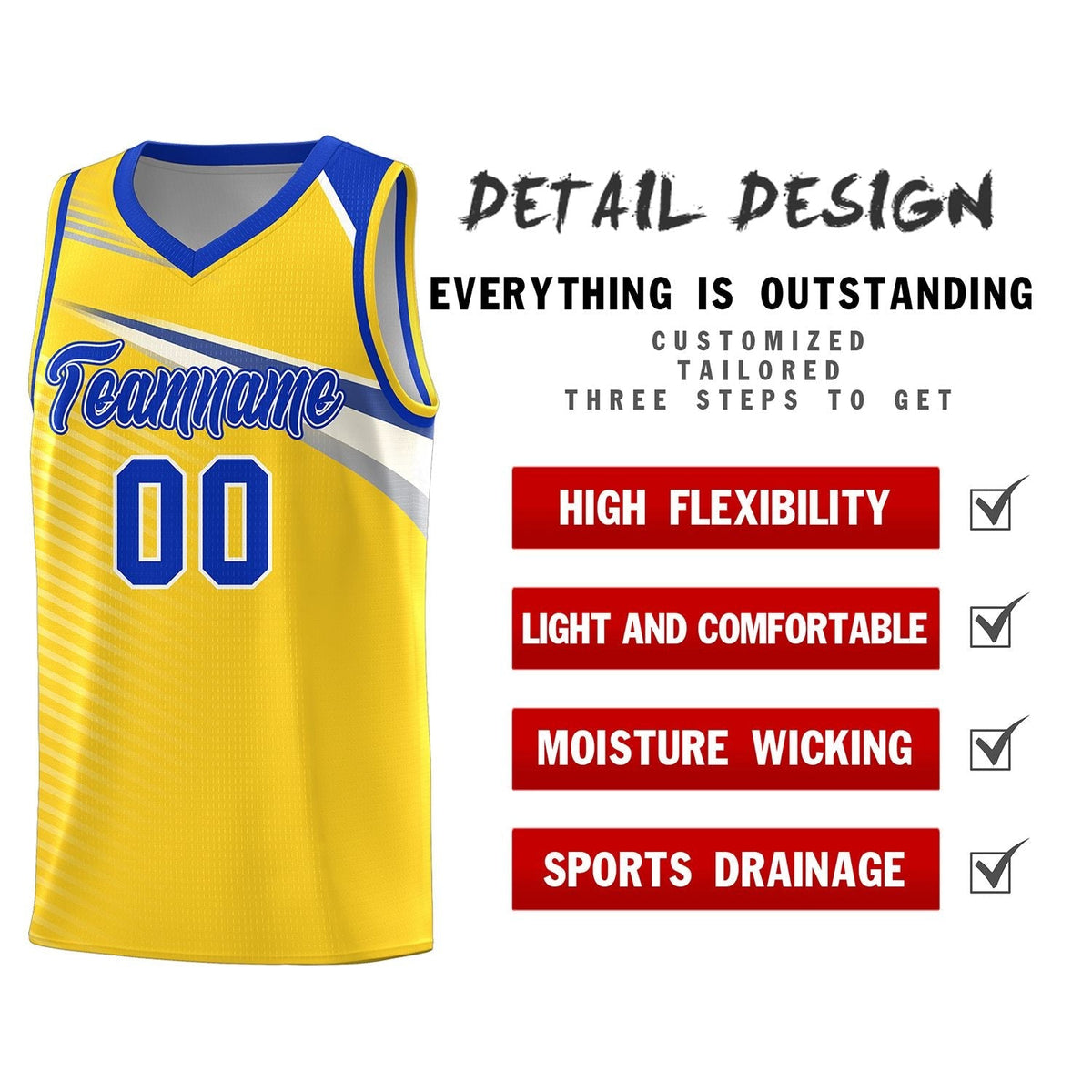 Custom Gold Royal-White Chest Color Block Sports Uniform Basketball Jersey