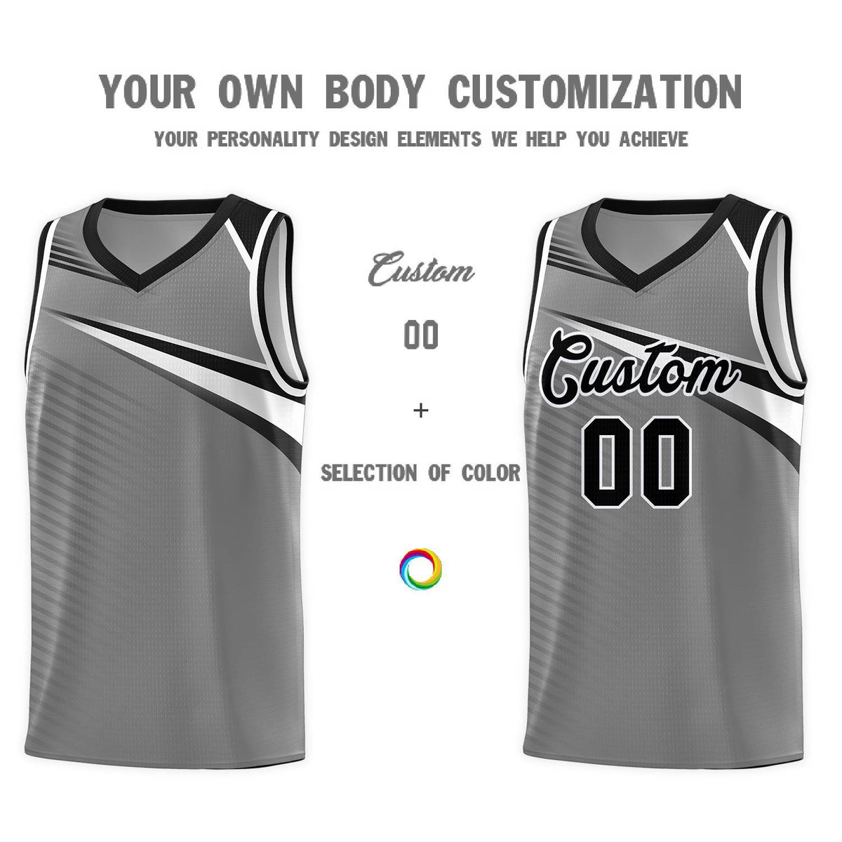 Custom Dark Gray Black-White Chest Color Block Sports Uniform Basketball Jersey