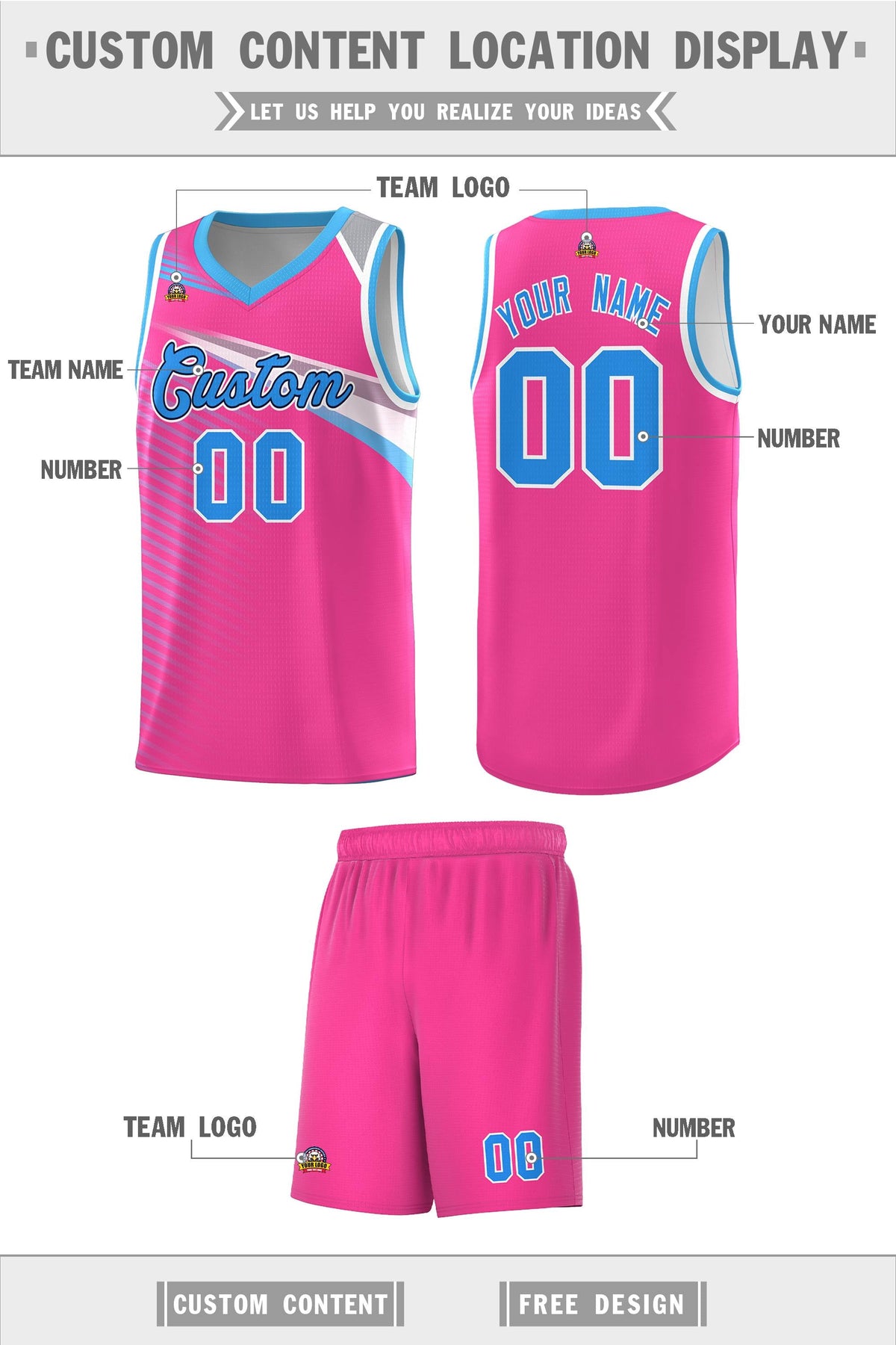 Custom Pink Powder Blue-Navy Chest Color Block Sports Uniform Basketball Jersey