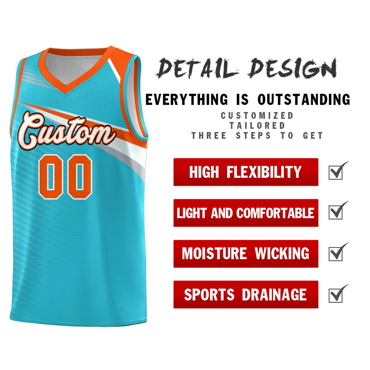 Custom Light Blue White-Orange Chest Color Block Sports Uniform Basketball Jersey