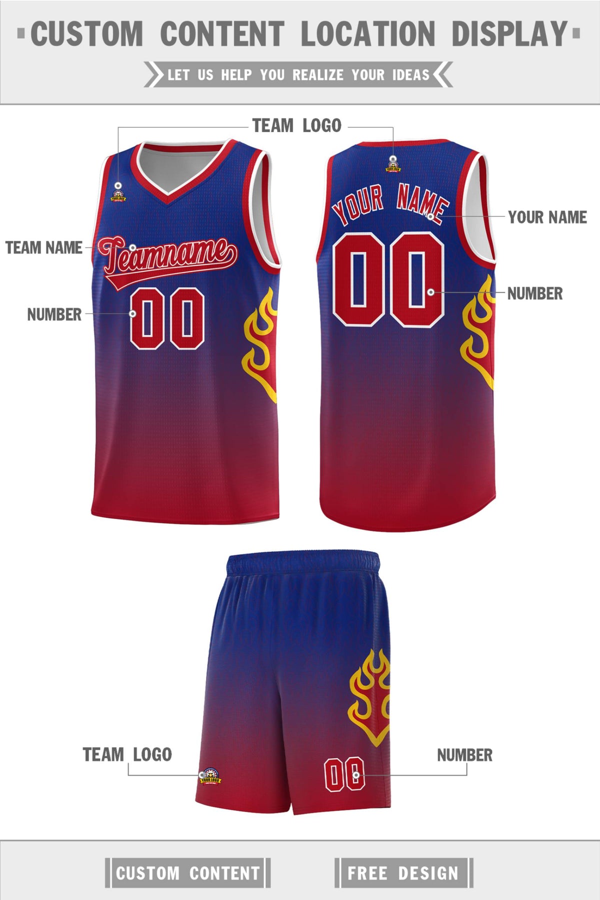 Custom Royal Red-White Flame Gradient Fashion Sports Uniform Basketball Jersey