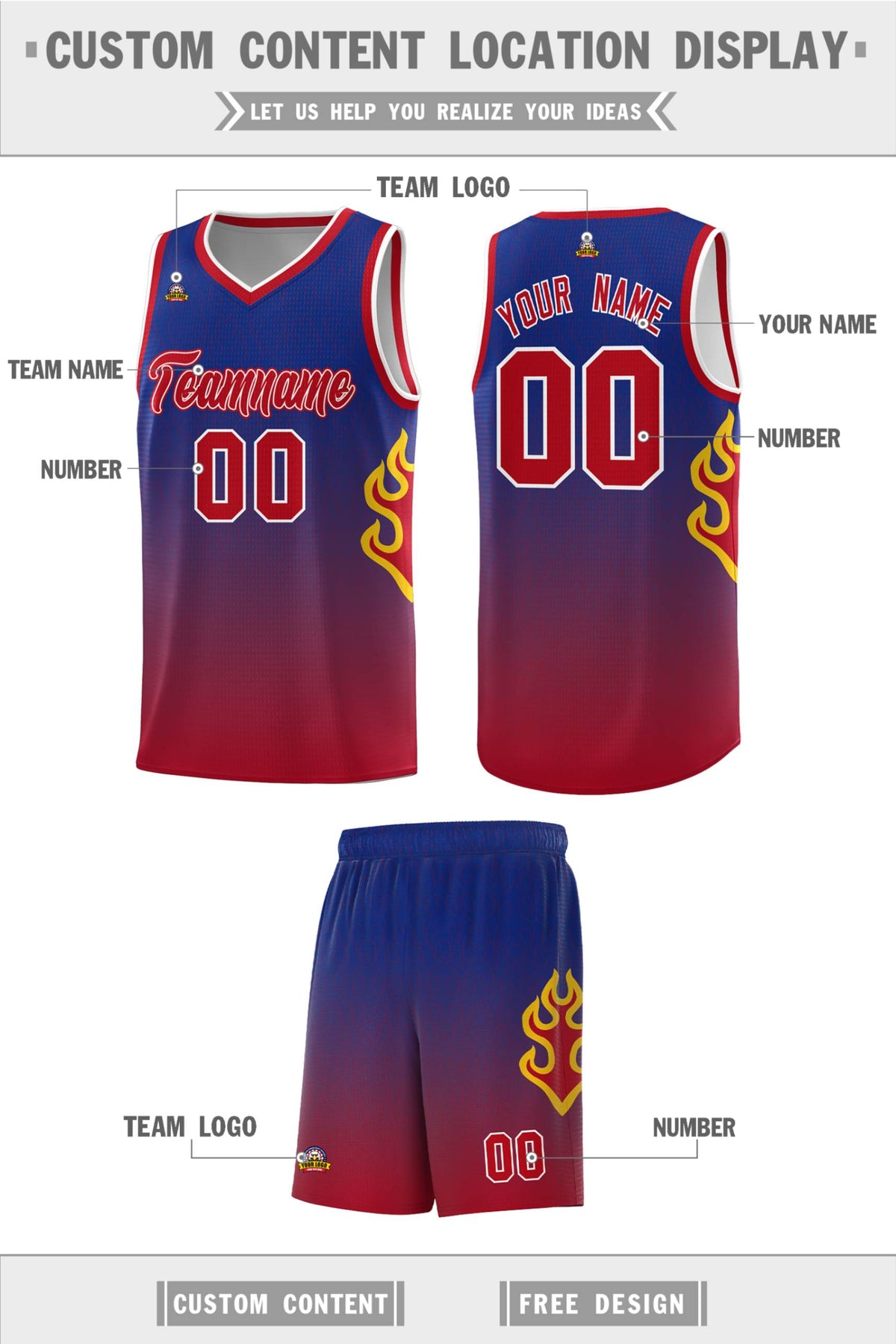 Custom Royal Red-White Flame Gradient Fashion Sports Uniform Basketball Jersey