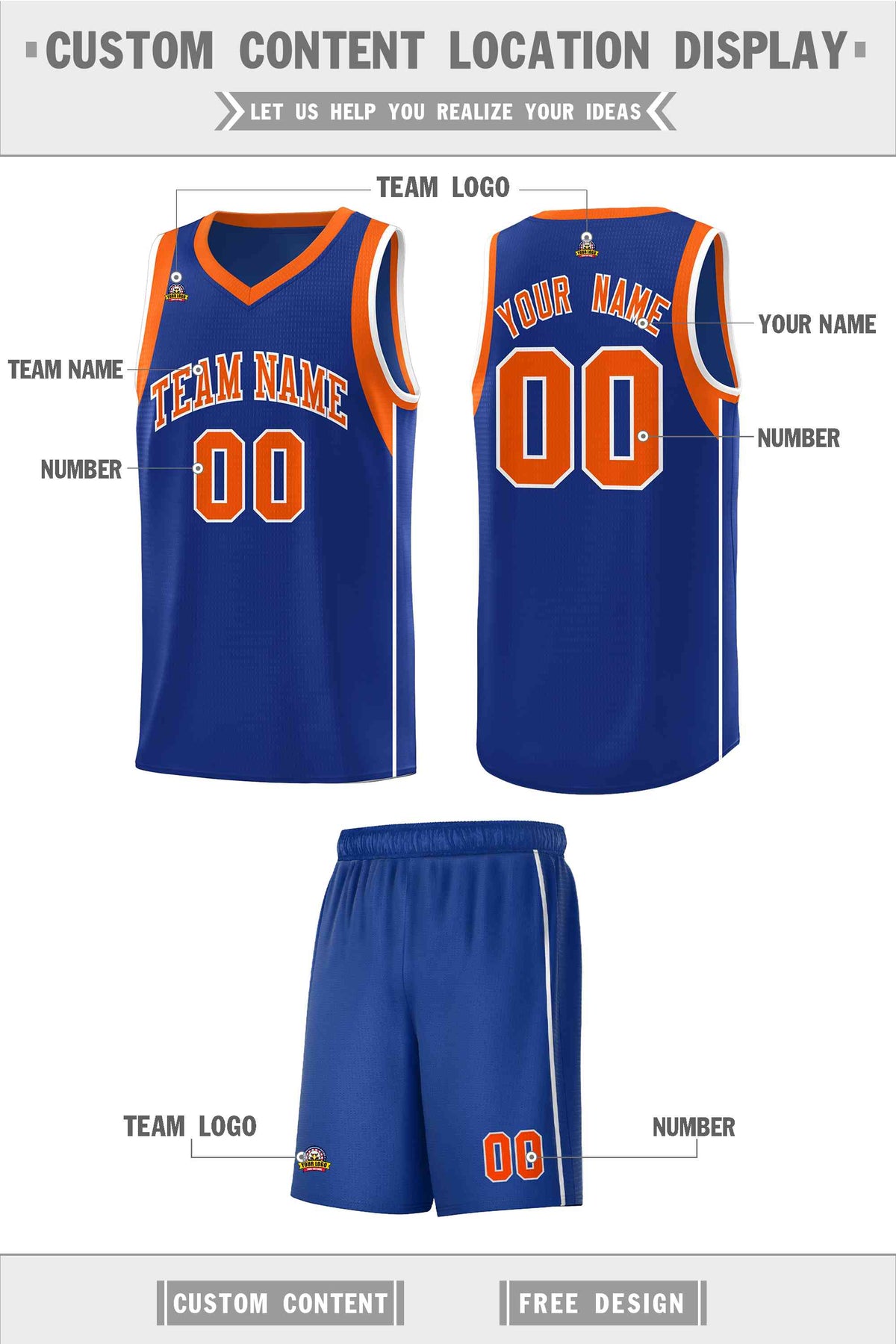 Custom Royal Orange-White Sleeve Color Blocking Classic Sports Uniform Basketball Jersey