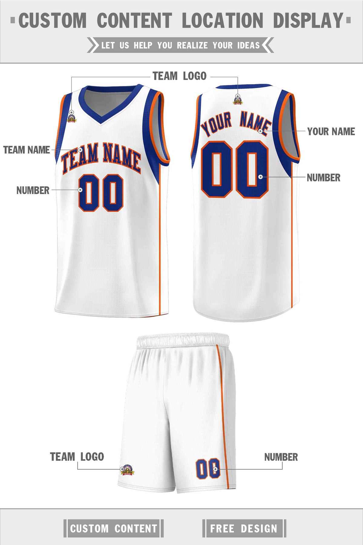 Custom White Royal-Orange Sleeve Color Blocking Classic Sports Uniform Basketball Jersey