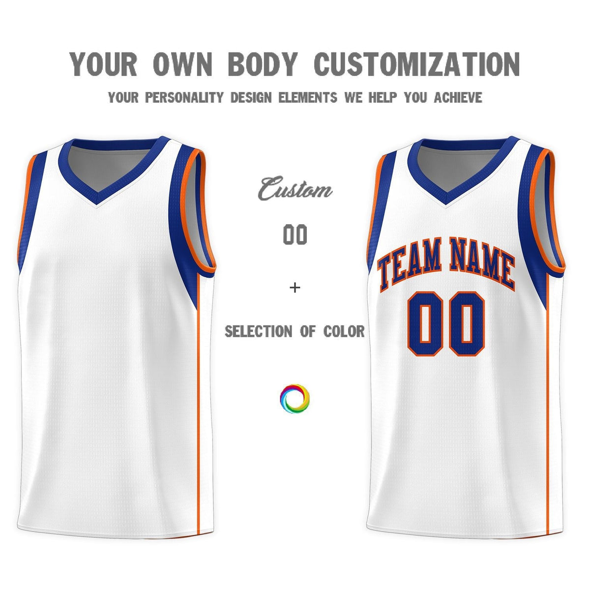 Custom White Royal-Orange Sleeve Color Blocking Classic Sports Uniform Basketball Jersey
