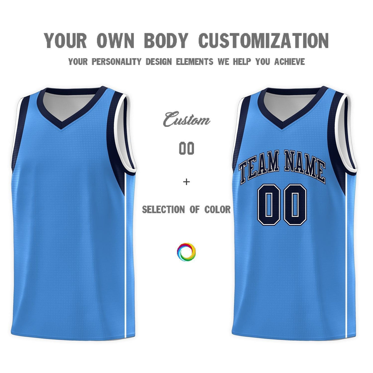 Custom Powder Blue Navy-White Sleeve Color Blocking Classic Sports Uniform Basketball Jersey