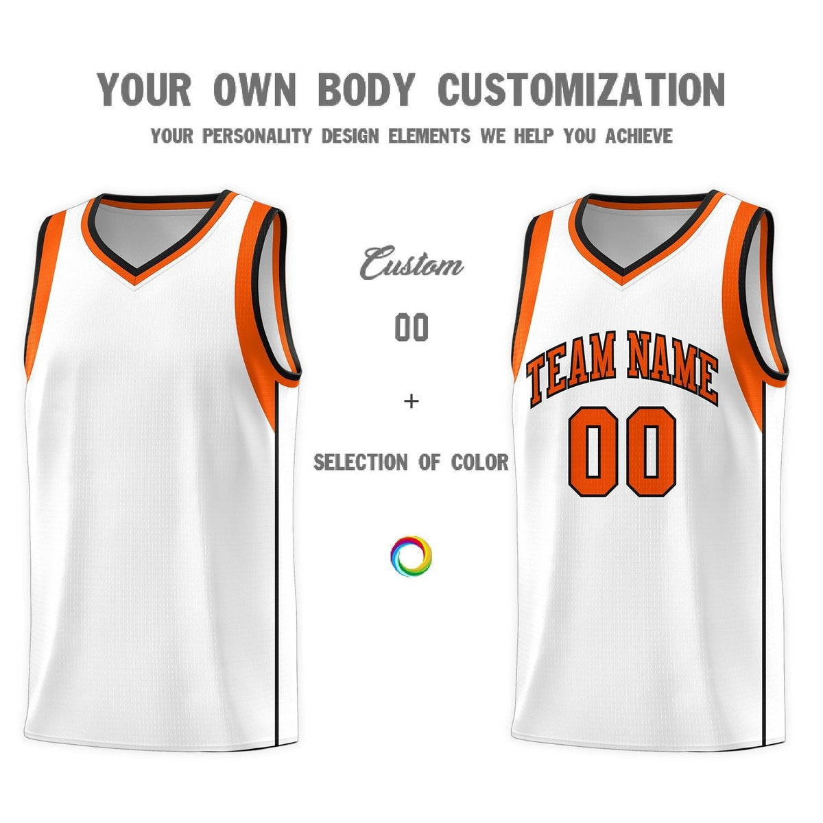 Custom White Orange-Black Sleeve Color Blocking Classic Sports Uniform Basketball Jersey