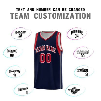 Custom Navy Red-Gray Sleeve Color Blocking Classic Sports Uniform Basketball Jersey