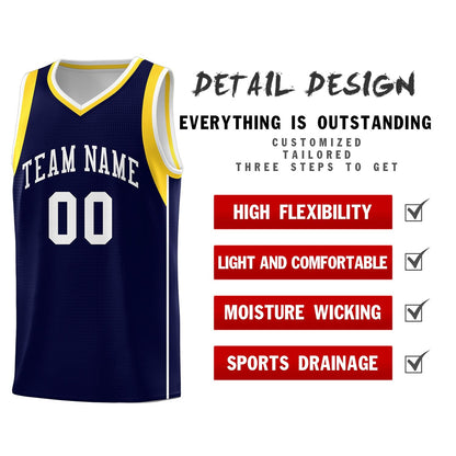 Custom Navy White-Gold Sleeve Color Blocking Classic Sports Uniform Basketball Jersey