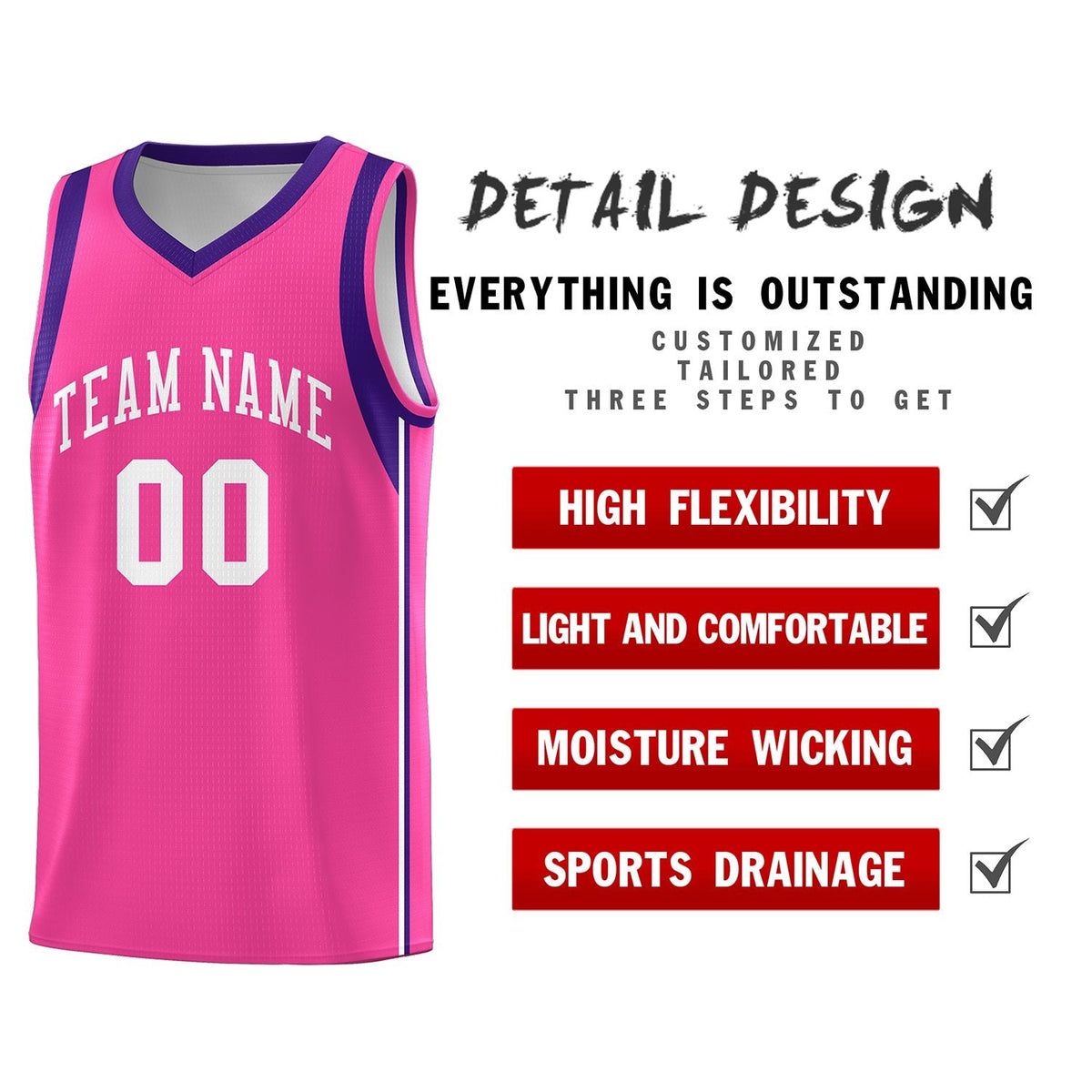 Custom Pink White Sleeve Color Blocking Classic Sports Uniform Basketball Jersey