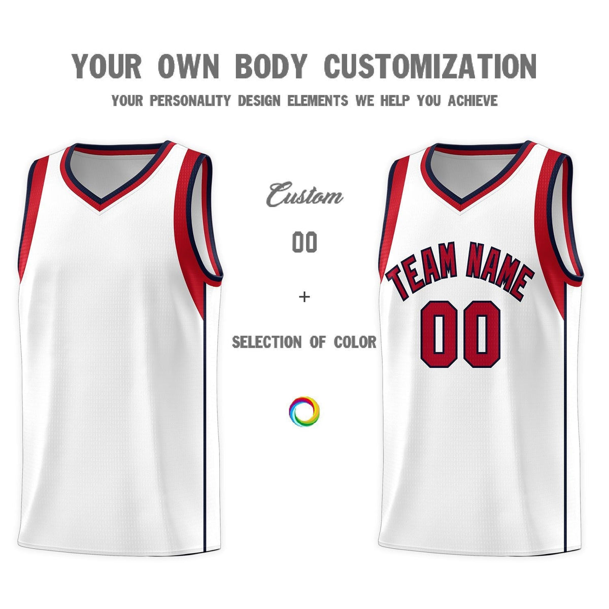 Custom White Red-Navy Sleeve Color Blocking Classic Sports Uniform Basketball Jersey