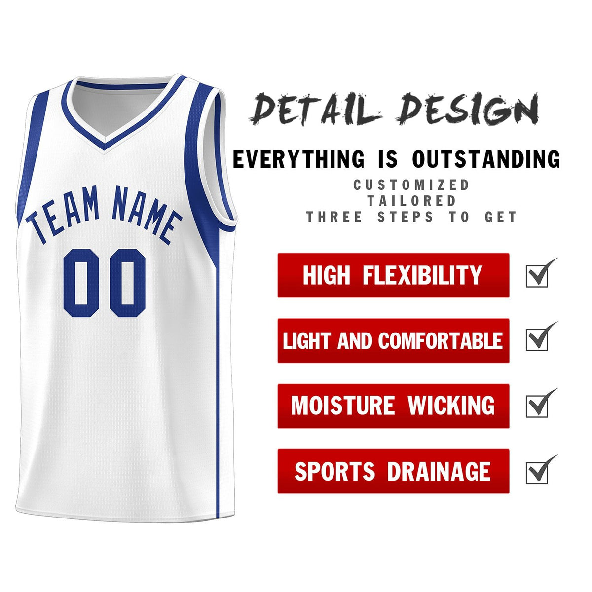 Custom White Royal Sleeve Color Blocking Classic Sports Uniform Basketball Jersey