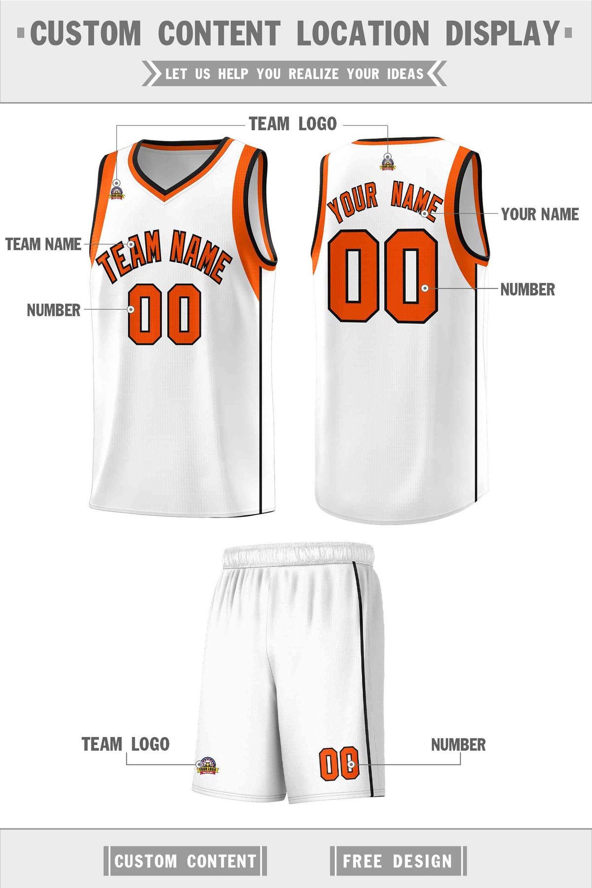 Custom White Orange-Black Sleeve Color Blocking Classic Sports Uniform Basketball Jersey