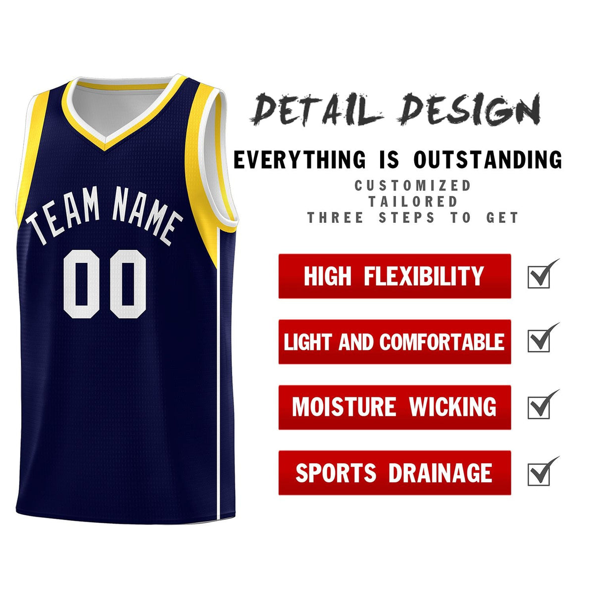 Custom Navy White-Gold Sleeve Color Blocking Classic Sports Uniform Basketball Jersey