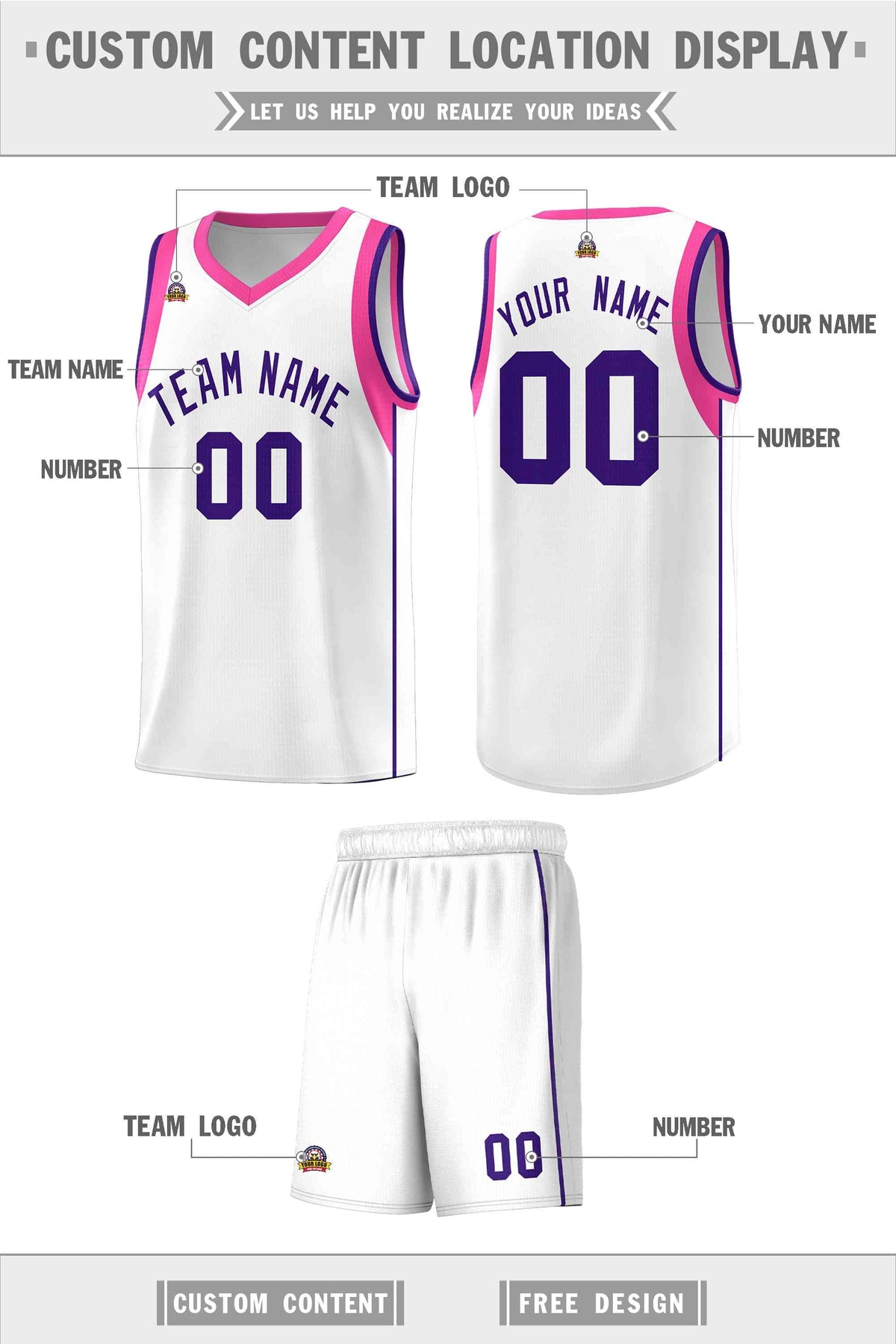 Custom White Purple Sleeve Color Blocking Classic Sports Uniform Basketball Jersey