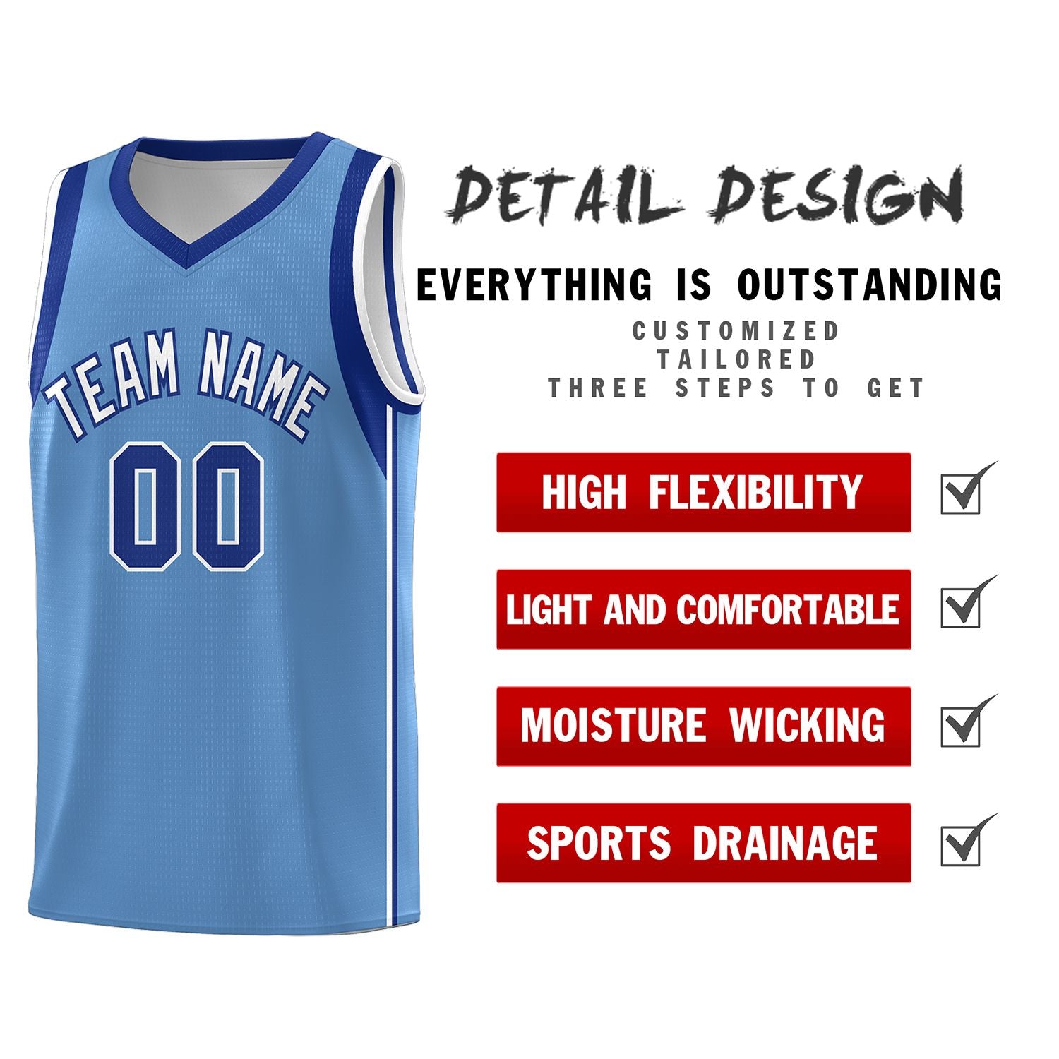 Custom Powder Blue Royal-White Sleeve Color Blocking Classic Sports Uniform Basketball Jersey
