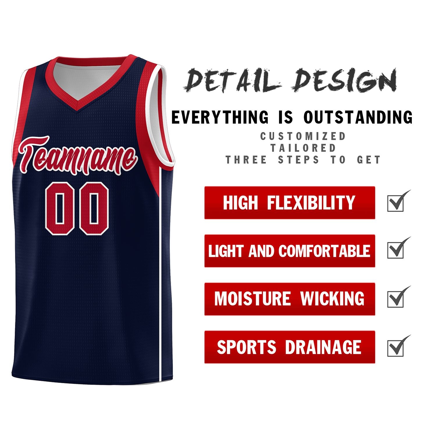 Custom Navy Red-White Sleeve Color Blocking Classic Sports Uniform Basketball Jersey