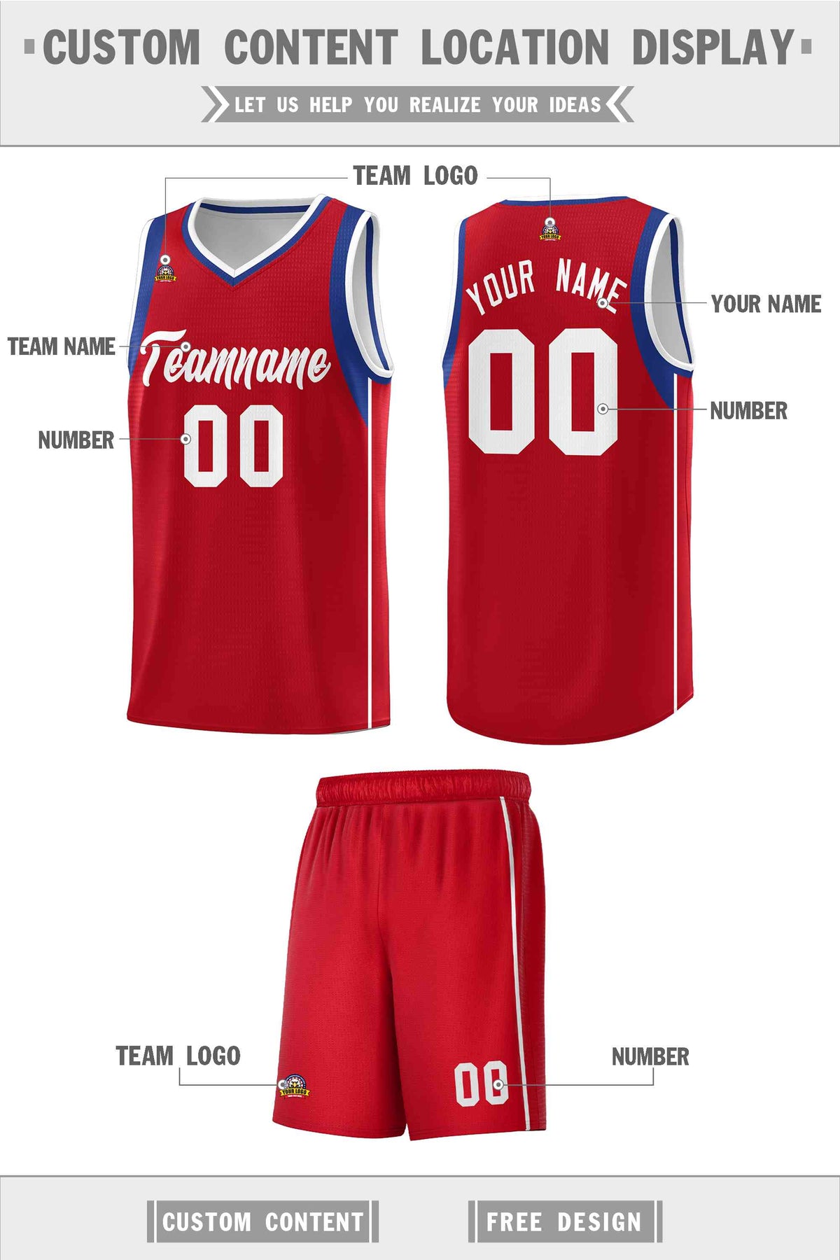 Custom Red Royal-White Sleeve Color Blocking Classic Sports Uniform Basketball Jersey
