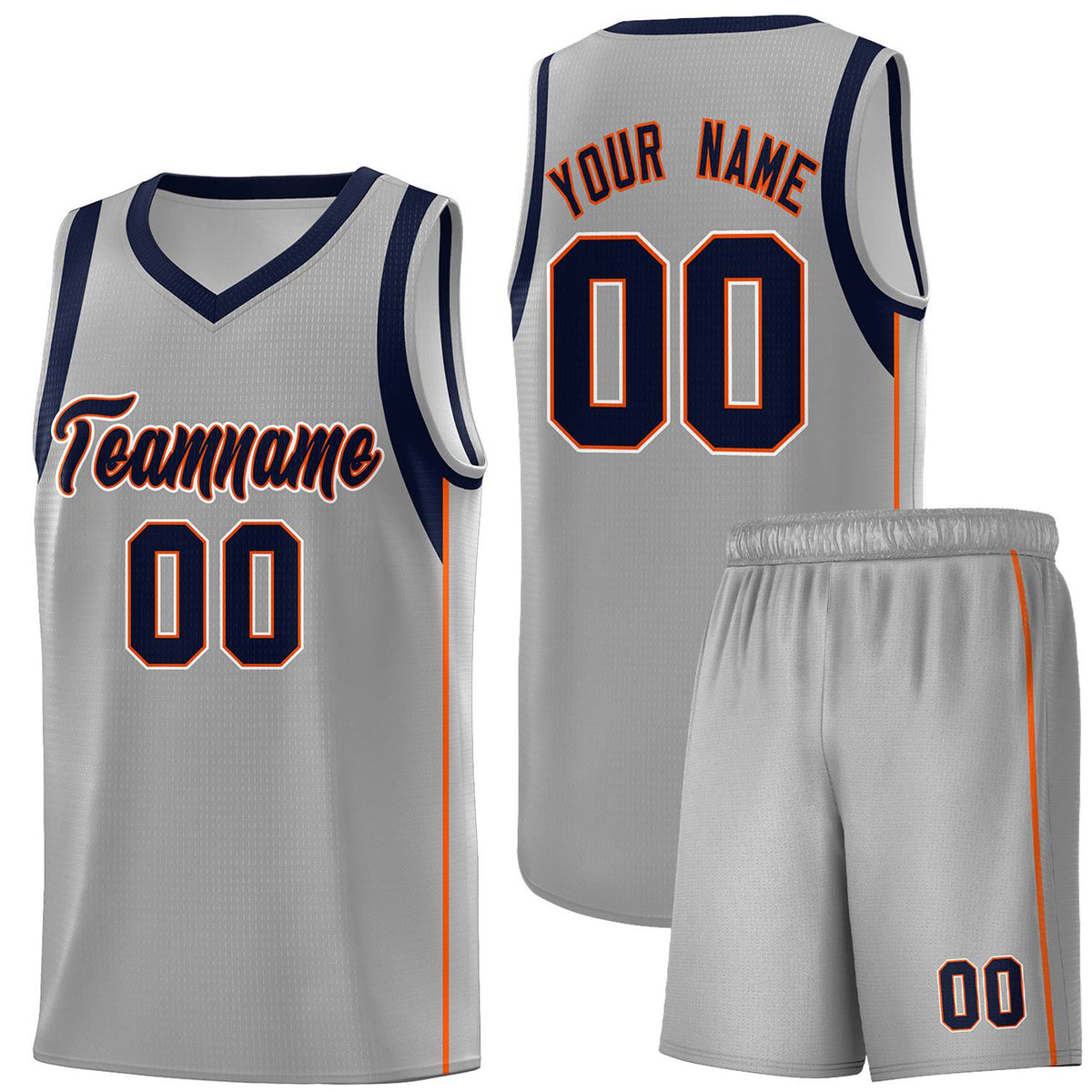 Custom Gray Navy-Orange Sleeve Color Blocking Classic Sports Uniform Basketball Jersey