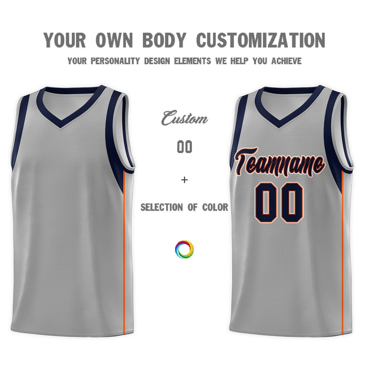 Custom Gray Navy-Orange Sleeve Color Blocking Classic Sports Uniform Basketball Jersey