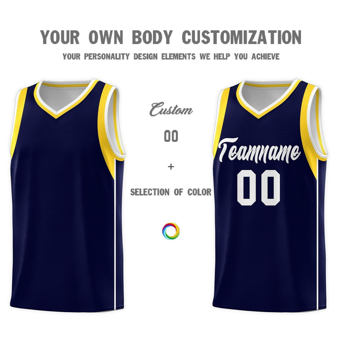 Custom Navy White-Gold Sleeve Color Blocking Classic Sports Uniform Basketball Jersey