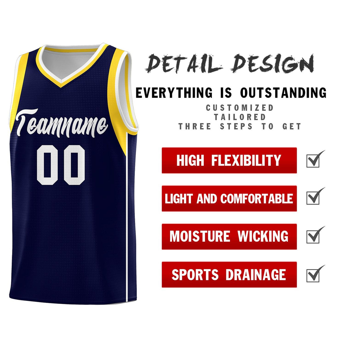 Custom Navy White-Gold Sleeve Color Blocking Classic Sports Uniform Basketball Jersey