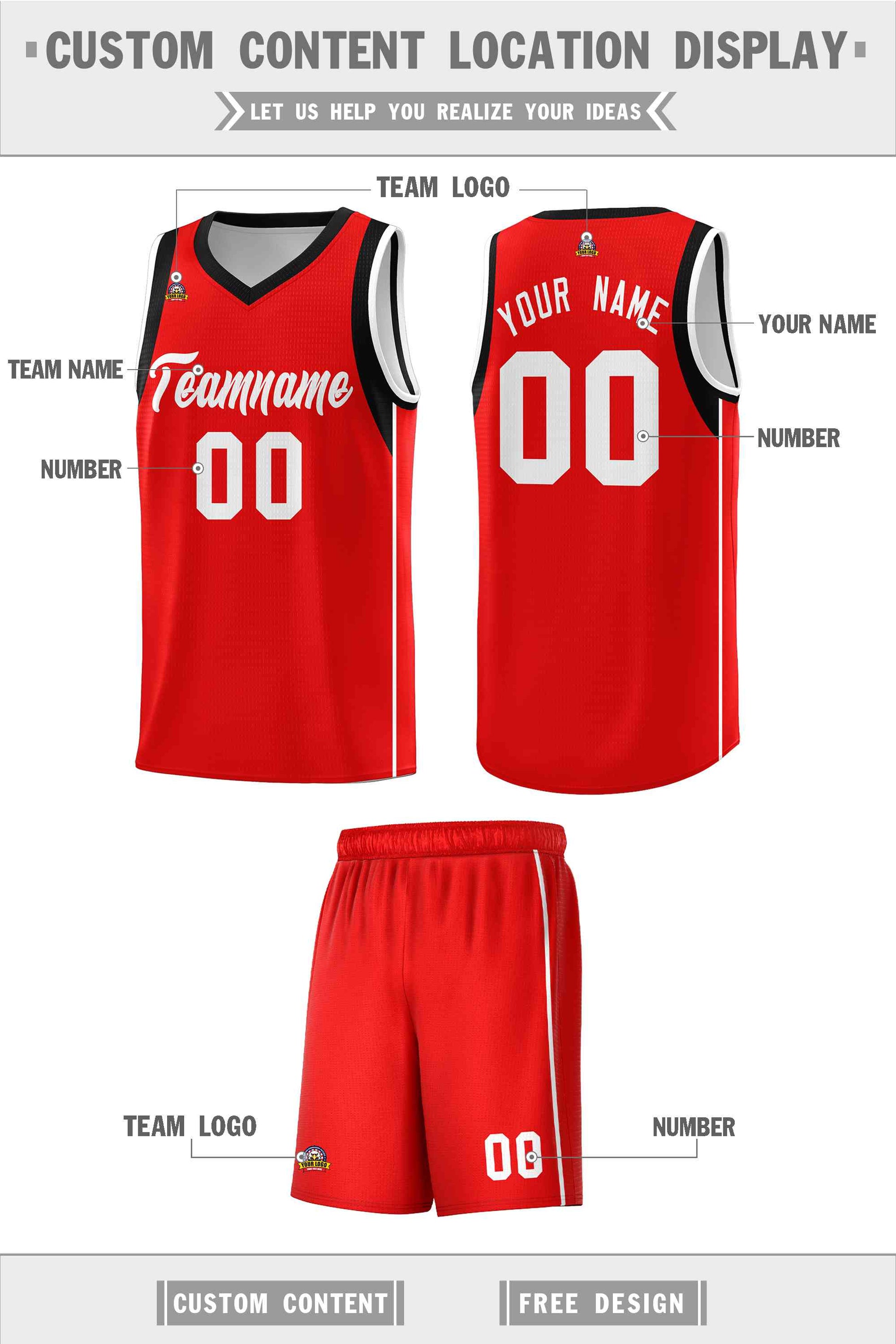 Custom Red White Sleeve Color Blocking Classic Sports Uniform Basketball Jersey